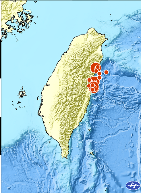 今天17:45左右花蓮地區發生有感地震，預估震度3級以上地區。圖／中央氣象署提供
