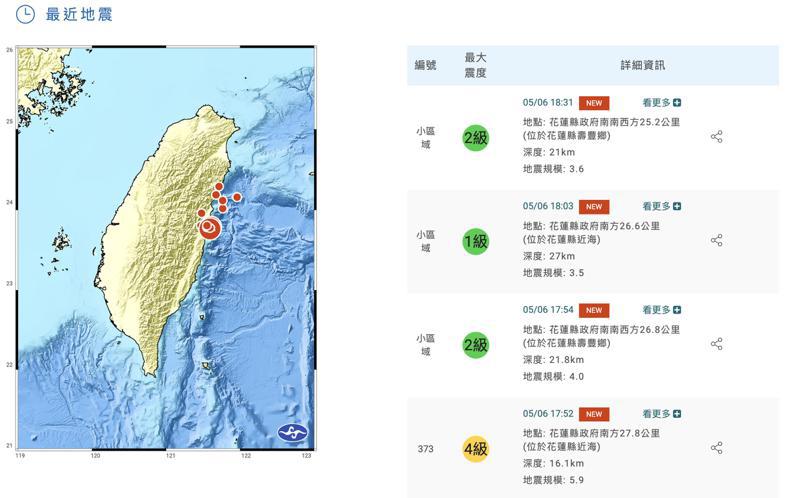 今天晚上於今7分鐘內連2起規模5.9地震。圖／截至中央氣象署