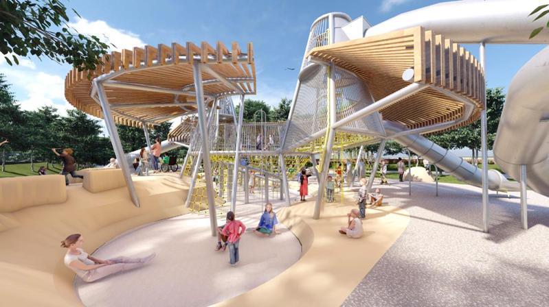 中市府斥资6275万元，建设「飞行美乐地」特色游乐场，图为主题式飞行组合滑梯游具。（模拟图）图／中市府提供