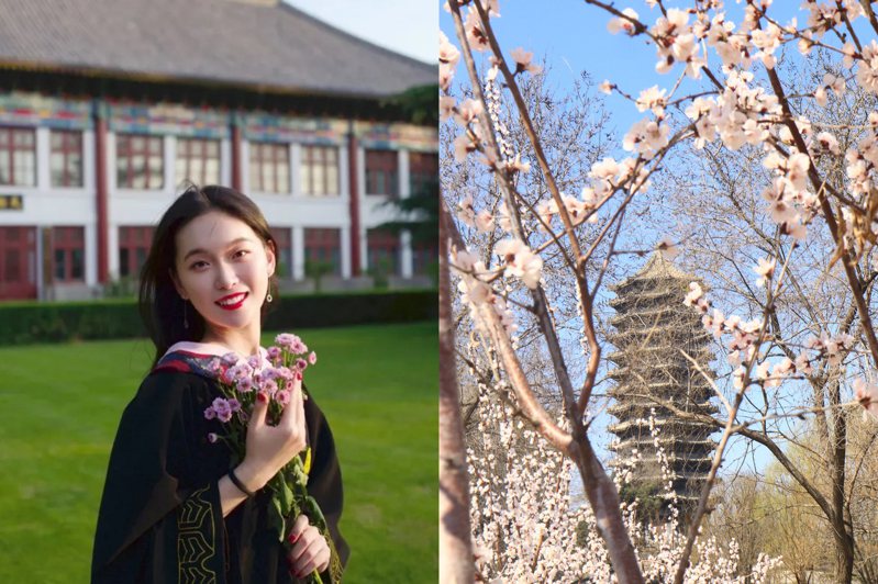 林子畢業於北京大學，選擇就讀中文系中應用語言學專業的她，成為2015級學生中「唯一一個堅持到畢業」的學生。圖為北大畢業生林子（左）、北京大學博雅塔（右）。圖／截自科學網、新華社