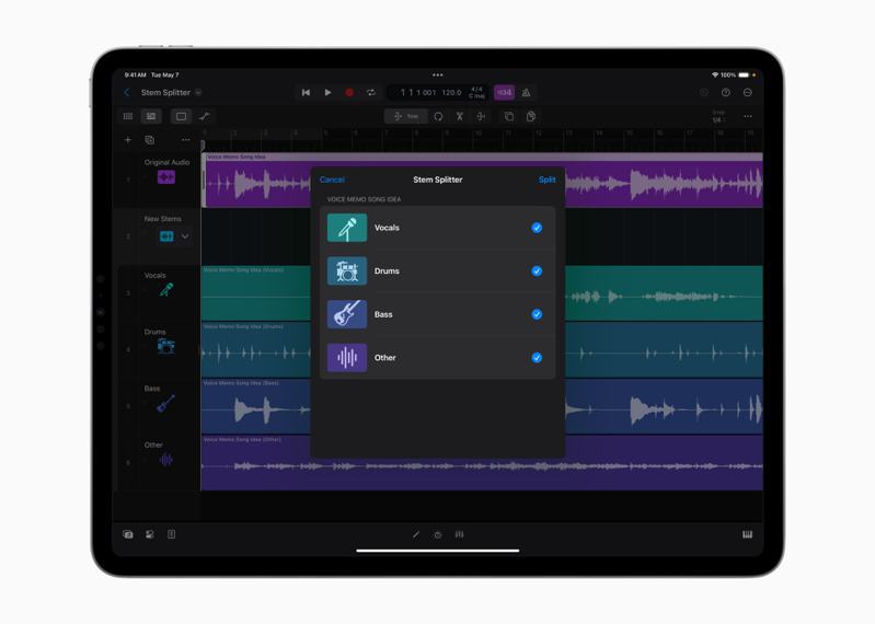 使用Stem Splitter可將混音錄音內容自動拆分為鼓、貝斯、人聲與其他樂器4個不同音軌，將靈感瞬間賦予全新風格。圖／蘋果提供