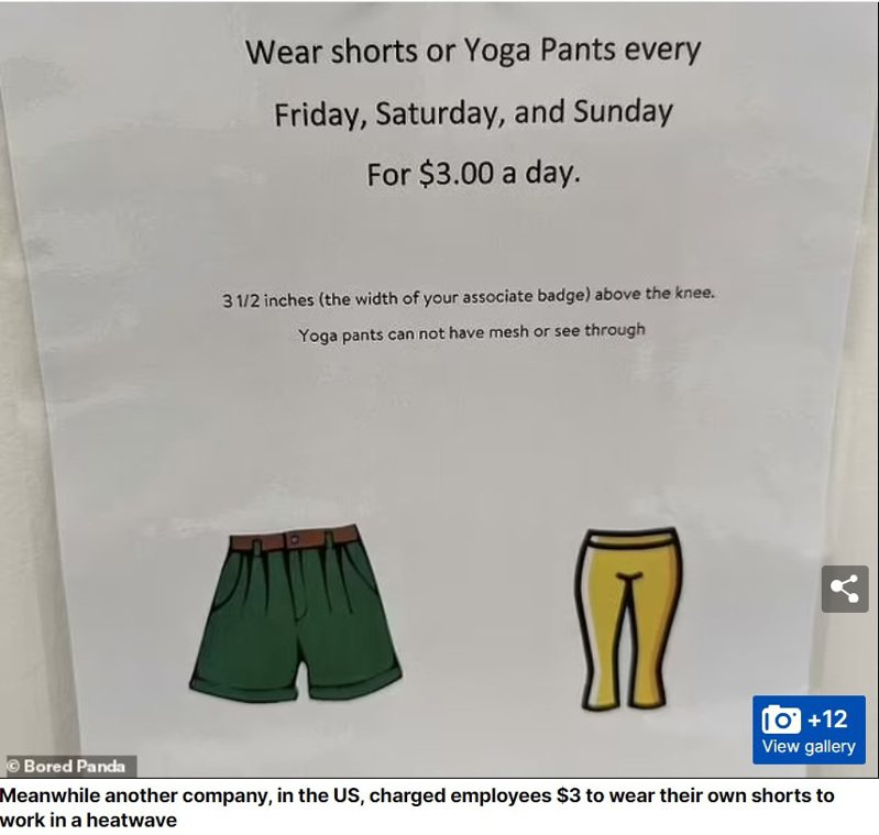 該公司規定穿短褲或緊身褲需要支付每日3美元（約台幣100元）。圖擷自每日郵報