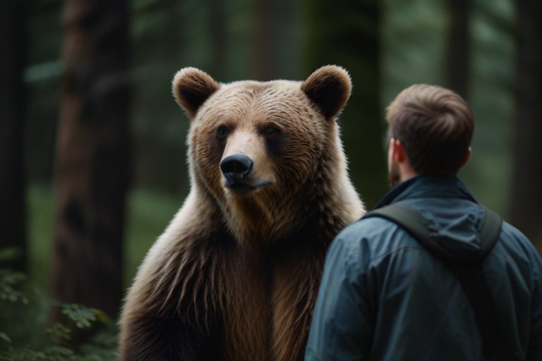 身為女性，如果在森林落單，妳會認為遇到一個陌生男子還是一頭熊比較安全？情境示意圖。圖／AI生成