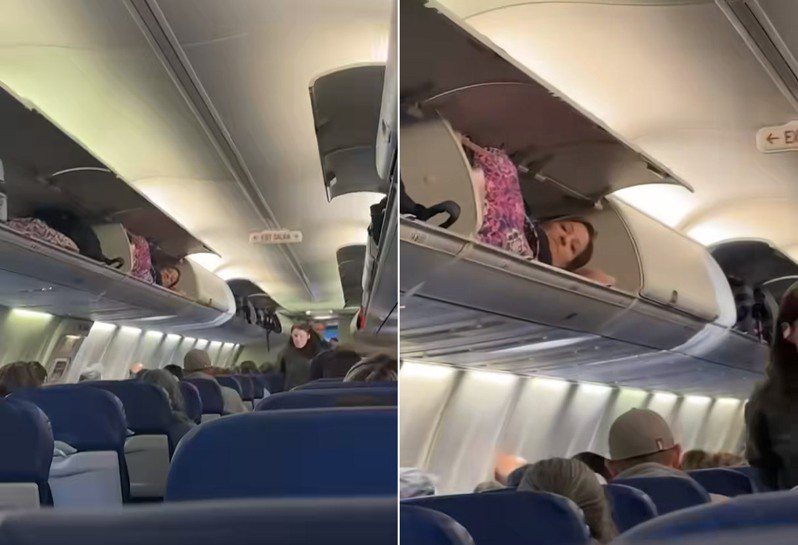 女乘客躺在置物櫃中，看起來十分愜意舒服。圖／擷自網路影片