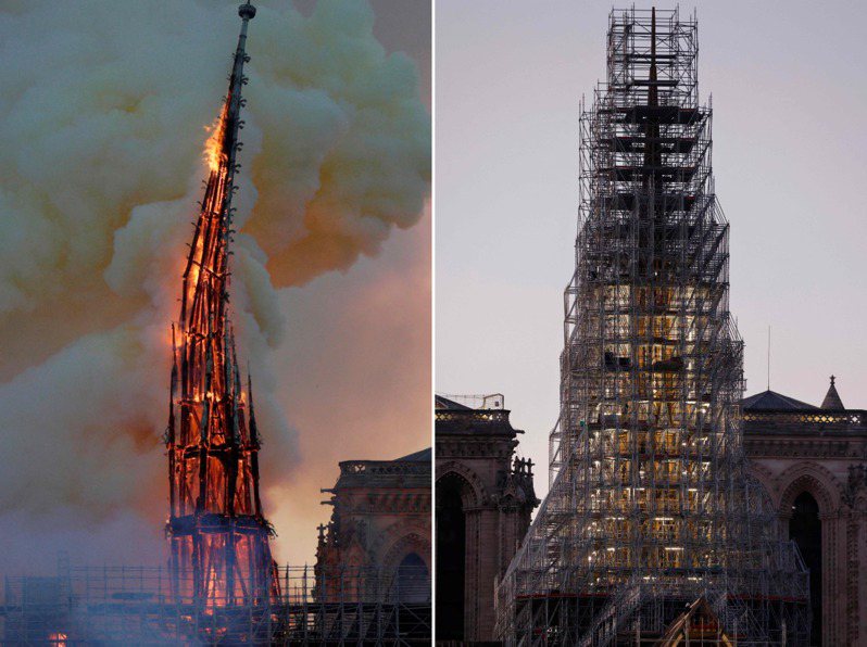 秦皇陵博物院將牽手巴黎聖母院合作研究火燒木材修復。圖為巴黎聖母院2019年4月被烈焰吞噬、畫面（左圖），及新建的木造尖塔已成形（右圖）。     法新社