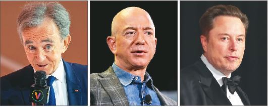 全球有15位资产突破1,000亿美元的超级富豪，LVMH创办人兼执行长阿诺特（左起）排名第一、亚马逊创办人贝佐斯居次、特斯拉执行长马斯克列第三。  （美联社）(photo:UDN)