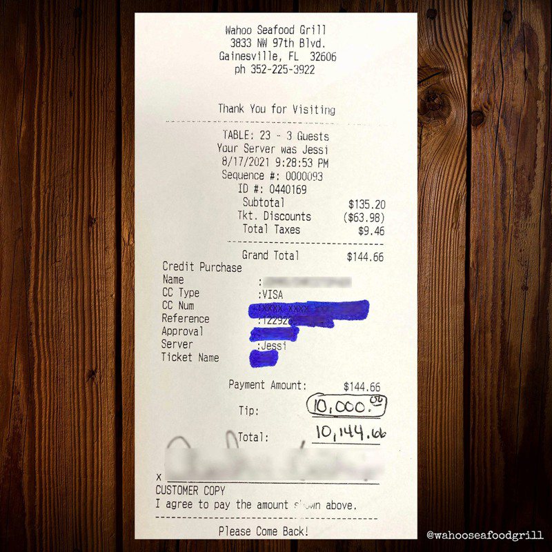 佛罗里达州北部的Wahoo海鲜餐厅，日前收到顾客留下的1万美元的小费，让十名员工平分。（取自Wahoo脸书）(photo:UDN)