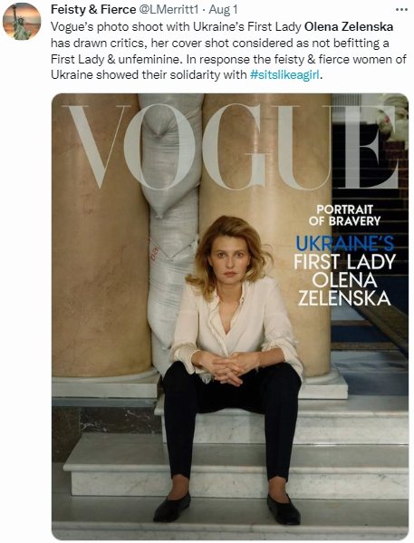 乌克兰第一夫人欧伦娜·泽伦斯基7月登上「时尚杂志」封面，她的「坐姿不够女性化」遭到批评。（图／时尚杂志Annie Leibovitz 摄影）(photo:UDN)