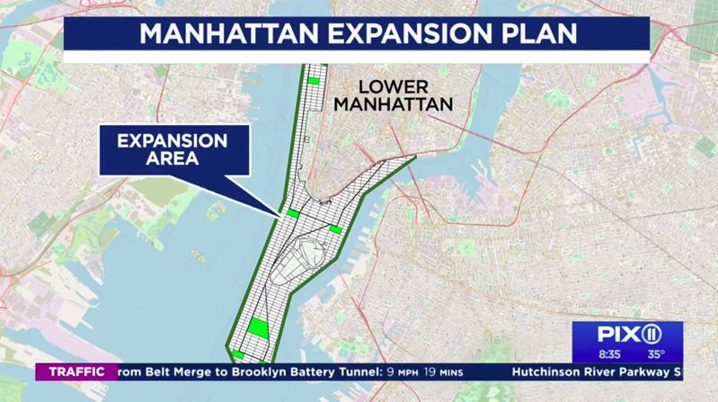 城市经济学家建议可填海造地，扩大曼哈顿下城面积，以抵挡自然灾害。(截自PIX11新闻画面)(photo:UDN)