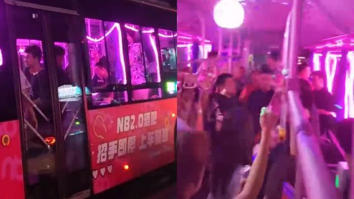 湖南常德街頭驚現「公交車酒吧」。(視頻截圖)