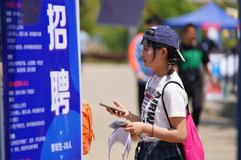 一名求職的中國學生觀看招聘職位介紹。（中新社）