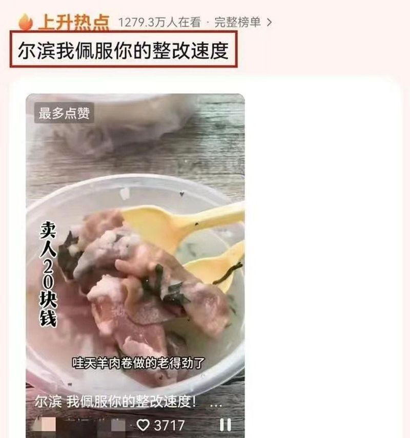 一名到哈爾濱旅遊的男子吐槽，花20元買的羊肉湯僅含5片肉捲，結果攤主被取消經營資格。(視頻截圖)
