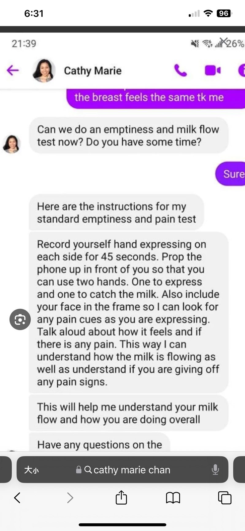 假冒陳姓哺乳顧問的婦女，透過臉書Messenger向新手媽媽索要私密影片、照片。(受害者提供)
