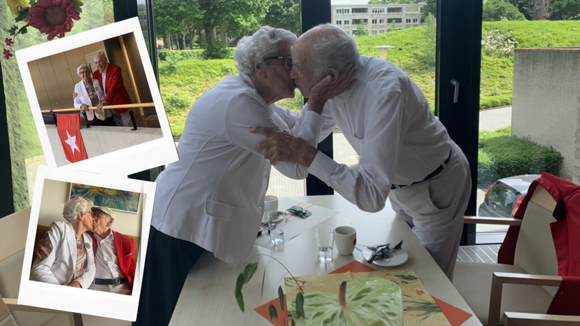 99歲的堤荷爺爺攜手89歲艾娜奶奶步入禮堂。 圖／linda.nl 及 1lim...
