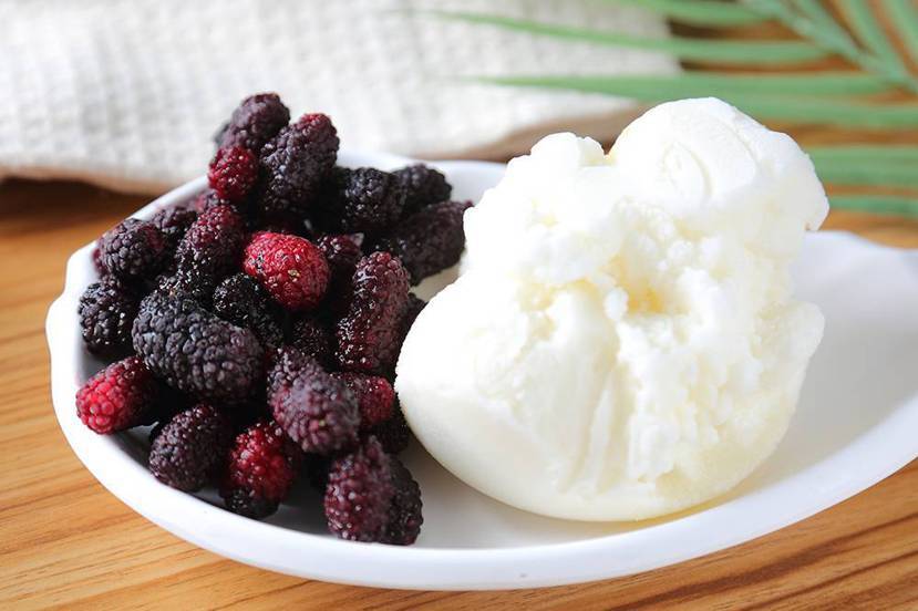 霜淇淋現點現做，原料只有冰淇淋和急速冷凍的新鮮水果，使用自己種的樹葡萄和桑椹，還...
