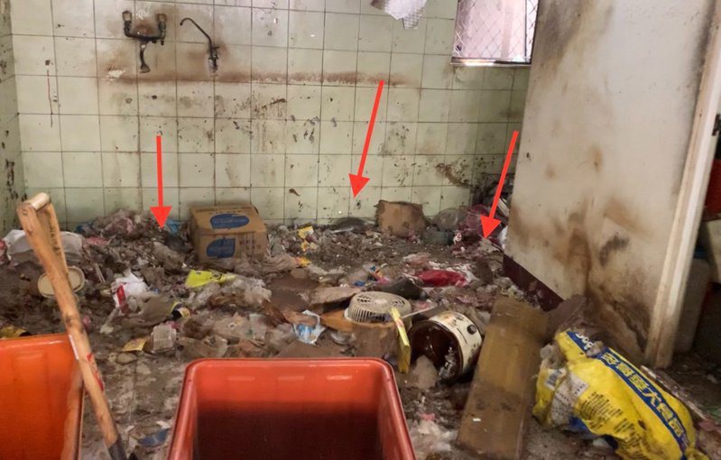 環保局派人進入凱哥居住的透天厝清理雜物時，老鼠不怕人滿地跑。 圖／高市環保局提供