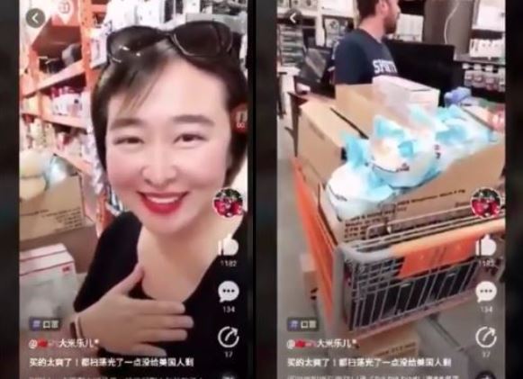 中國大媽姐在美國超市狂掃口罩還開直播。（圖／翻攝自推特）