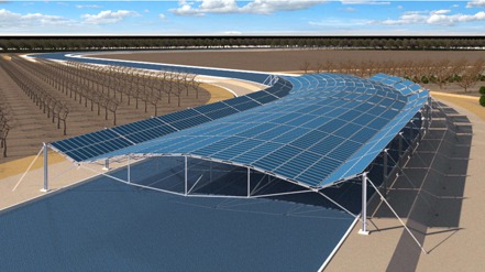 太陽能公司擬在加州中央山谷的「灌溉渠」上架設太陽能板，圖為藝術家繪繪製的景像。 （美聯社）