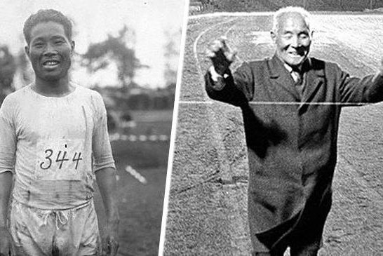「日本馬拉松之父」金栗四三1912年參加斯德哥爾摩奧運(左圖)，但他跑了三分之二路程後神秘失蹤，直到54年後才受邀回斯德哥爾摩跑完全程(右圖)。圖／取自推特