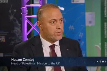 巴勒斯坦駐英國大使佐姆洛特（Husam Zomlot）上BBC遭主持人要求譴責哈瑪斯。截自推特