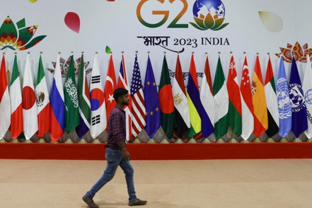 G20峰會開幕前夕，新德里的G20集團成員國旗幟。 路透