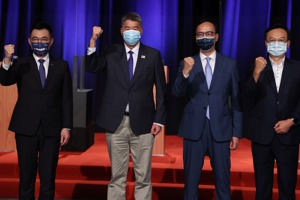 國民黨主席候選人江啟臣（左起）、張亞中、朱立倫、卓伯源。圖／聯合報系資料照片