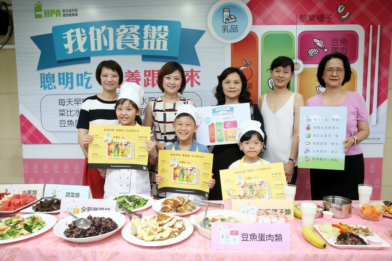 國民健康署副署長游麗惠（中）、中華民國營養師公會全國聯合會常務理事金惠民（右）和小朋友們一起展示我的餐盤。