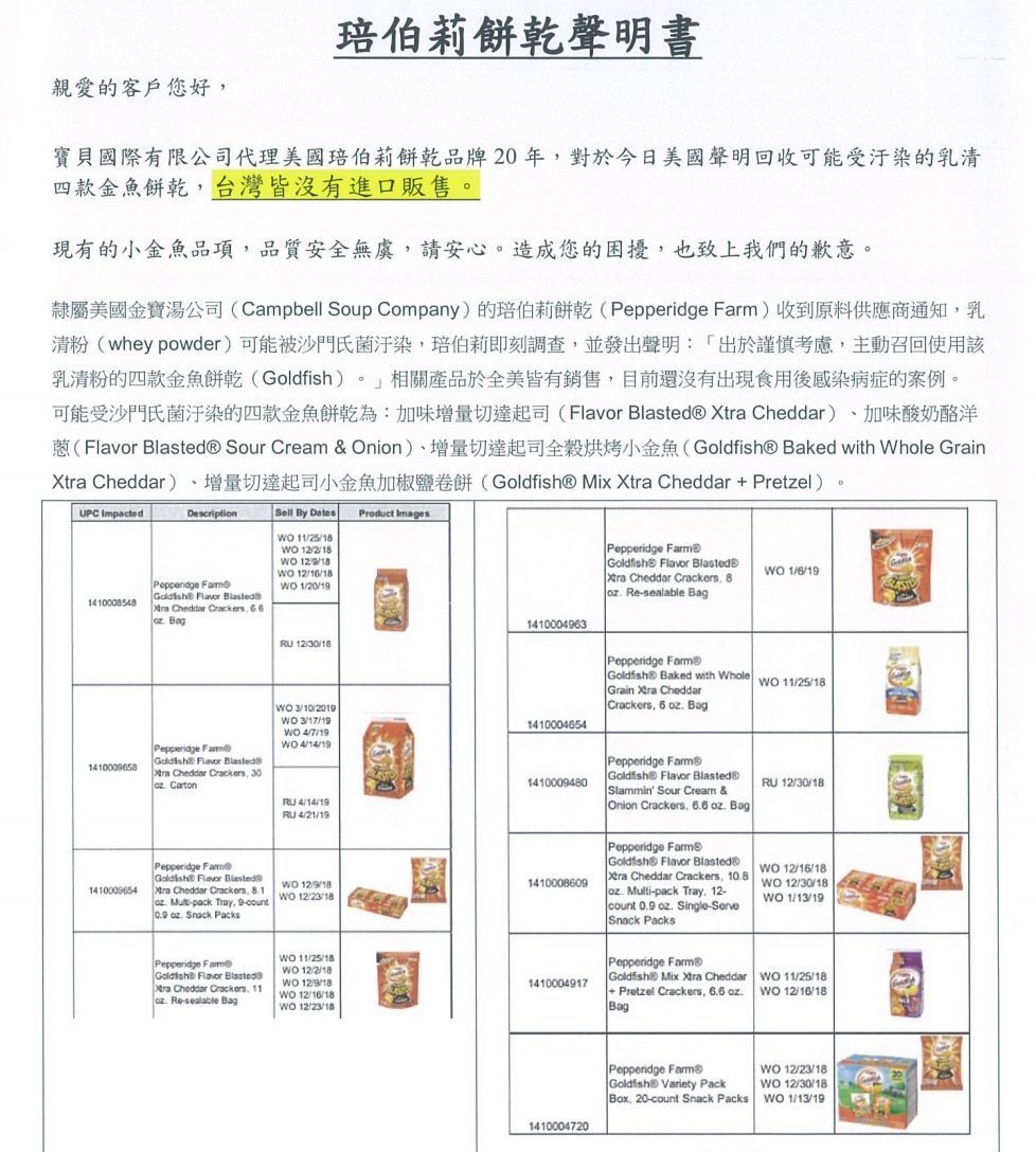 美國琣柏莉召回全美銷售的4款金魚餅乾，台灣代理商發聲明指稱台灣並沒有進口問題品項。寶貝國際有限公司台灣公司提供