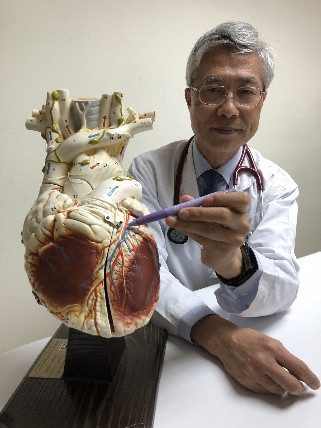 光田綜合醫院心臟內科主任夏治平手指病患左前降枝狹窄處，表示青壯年也有心肌梗塞的可能。圖／光田醫院提供
