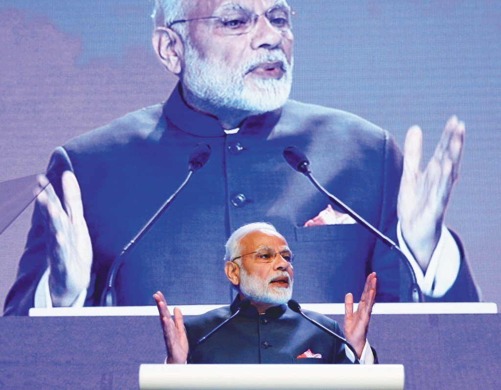 印度總理莫迪，去年6月在新加坡演說。 （路透）