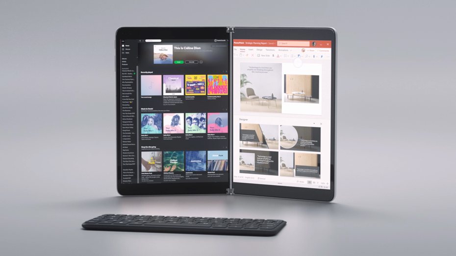 Surface Neo為新型雙螢幕電腦，可搭配專屬藍牙鍵盤以多種型態使用。圖／微軟提供
