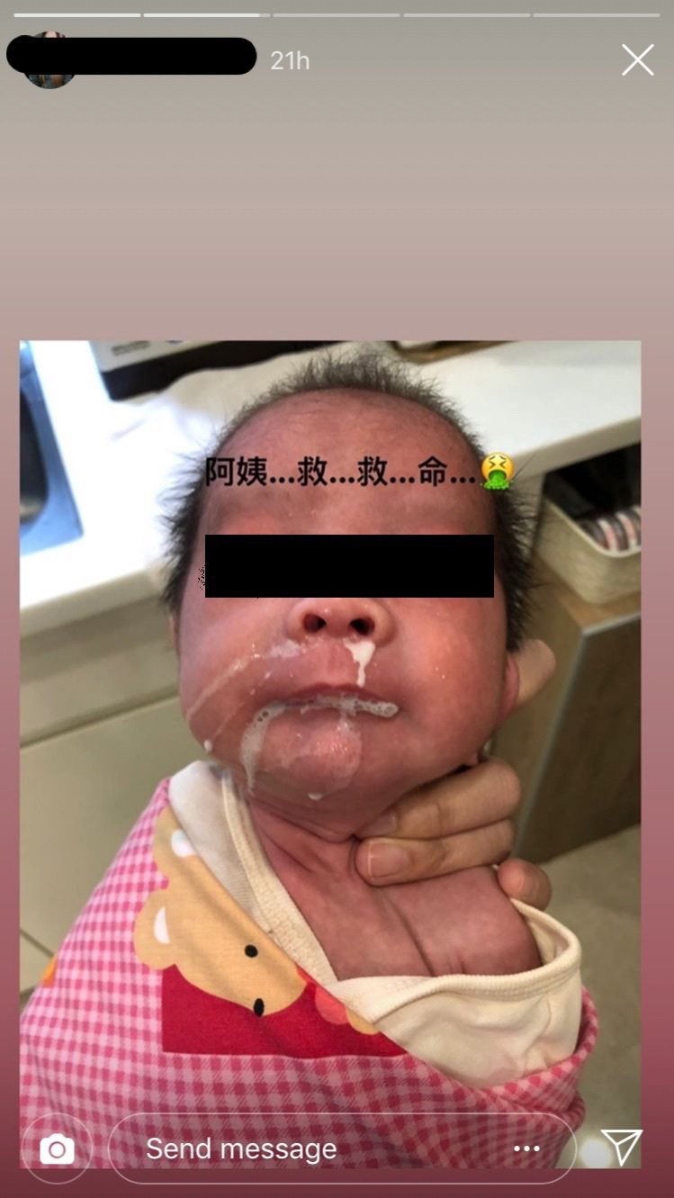 一名小嬰兒口鼻溢奶，護理師卻在第一時間拍照上傳社群平台，引發討論。圖／翻攝自靠北護理師臉書