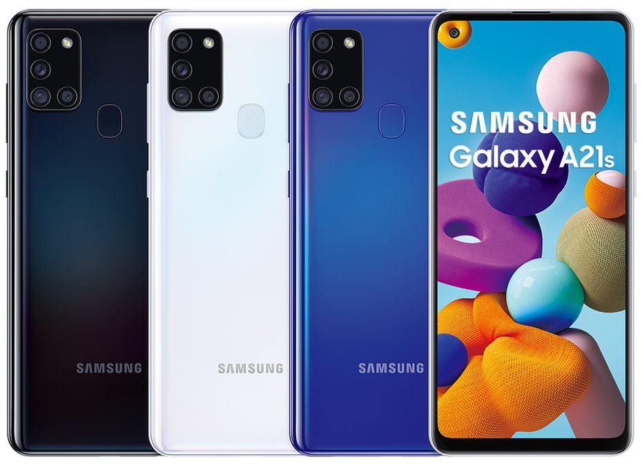 Samsung Galaxy A21s搭載6.5吋20：9 O極限全螢幕、4,800萬畫素4鏡頭主相機、5,000mAh大電量，單機價6,990元，預計6月上旬起開賣。圖／三星提供