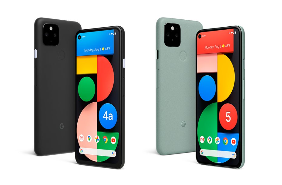 Google今日發表2款5G手機Pixel 4a 5G版（左）與Pixel 5（右）。圖／Google提供