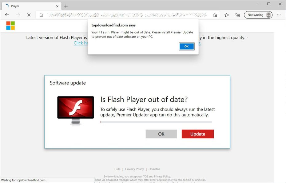 Adobe Flash早已停止更新，卻有網站繼續提供可疑的更新程式。 圖擷自Bleeping Computer