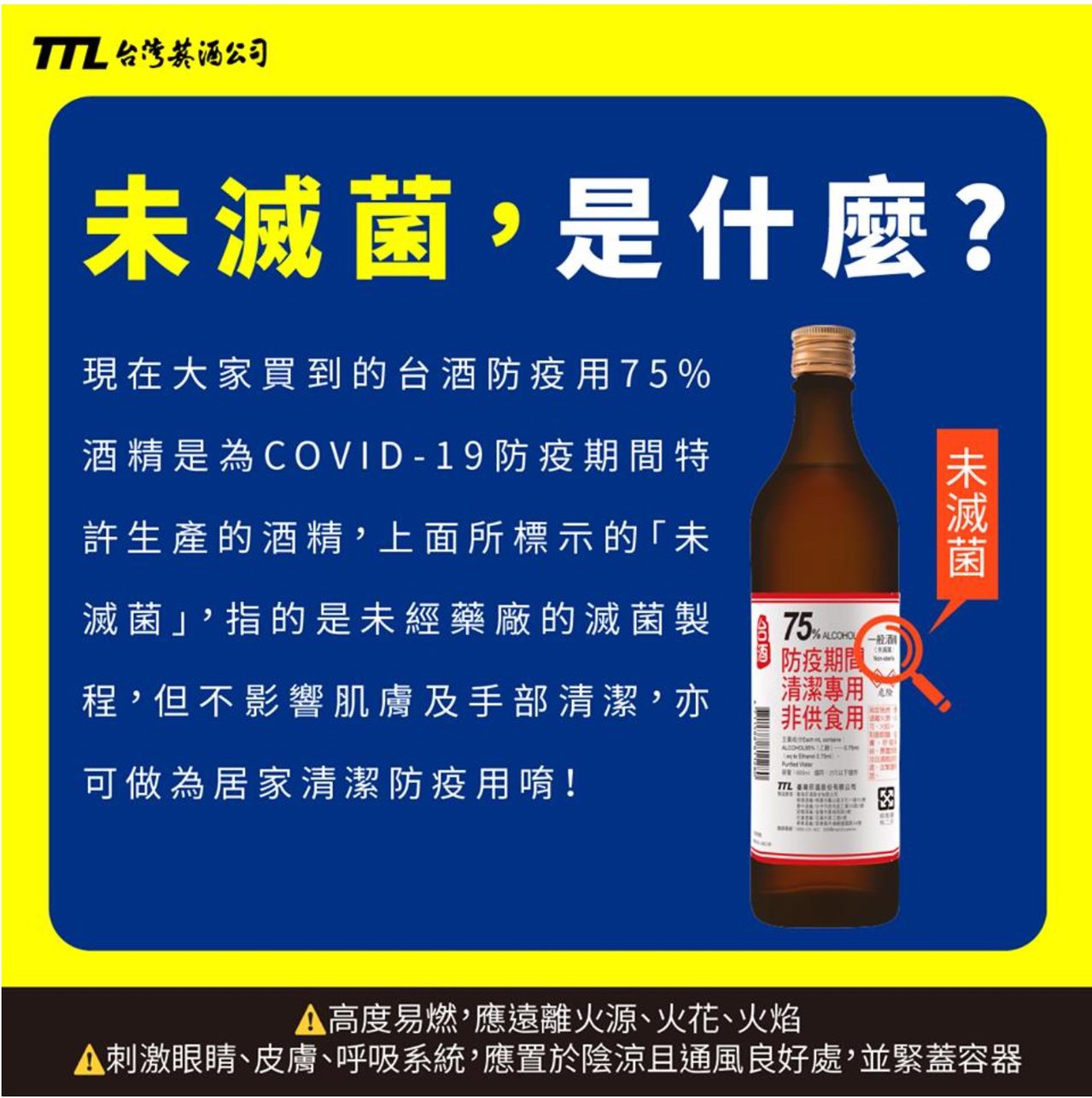 75%防疫酒精是否經過「滅菌」過程，並不影響居家清潔使用。圖／摘自台灣菸酒官網。