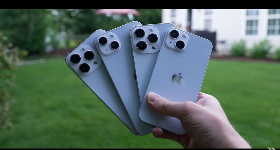 白色款的iPhone 14全系列放在一起比對，讓網友直呼想買。右起為6.1吋的iPhone 14、iPhone 14 Pro，和6.7吋的iPhone 14 Max及iPhone 14 Pro Max。（翻攝自YouTube頻道「iupdate」）