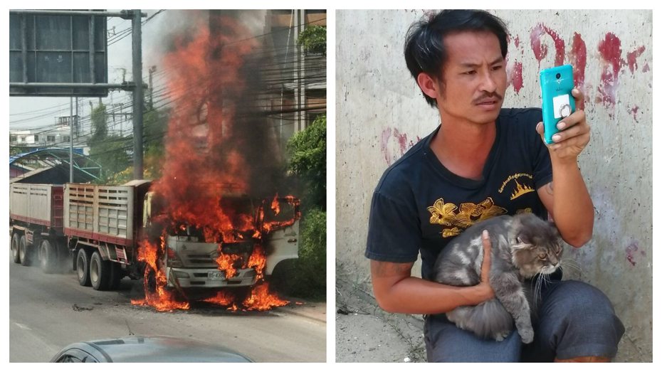 一名貨車司機不顧火燒車，堅持要救下自己的愛貓。 (圖/取自臉書粉專「กลุ่มคนอาสา กู้ชีพ กู้ภัย Thailand」)