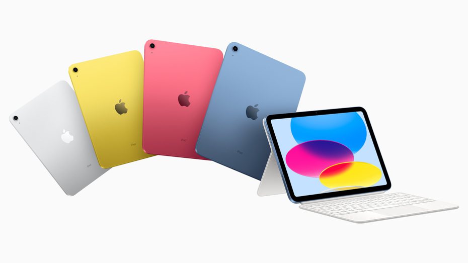 全新iPad提供藍色、粉紅色、黃色、銀色4種搶眼色彩。圖／蘋果提供