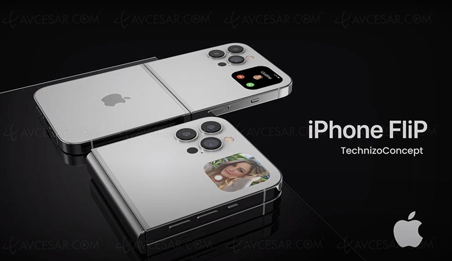 外媒近期曝光一組稱為「iPhone 15 Flip」、以上下摺疊螢幕設計的iPhone手機，預料上市後，定價將走頂級手機價位。圖擷自avcaesar.com/