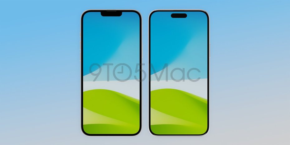平價版iPhone 15 Plus（右）改成動態島的挖孔螢幕設計，與iPhone 14 Plus相比，邊框變得更窄。（翻攝自9to5mac）