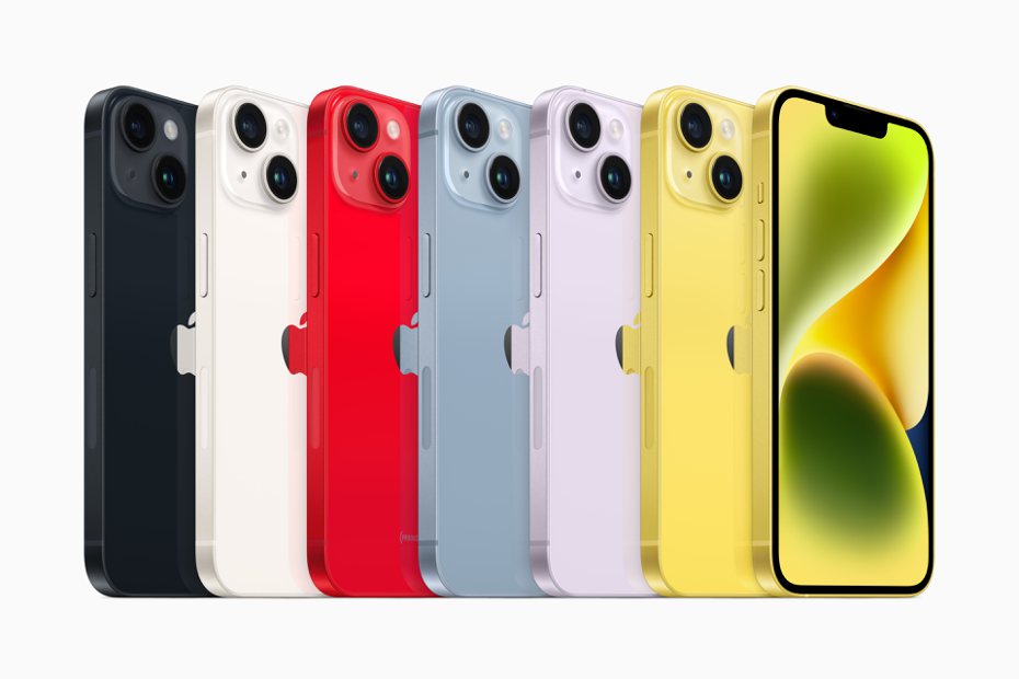 iPhone 14和iPhone 14 Plus現在提供6種亮麗顏色，包括午夜色、星光色、(PRODUCT)RED、藍色、紫色，以及全新的黃色。圖／蘋果提供