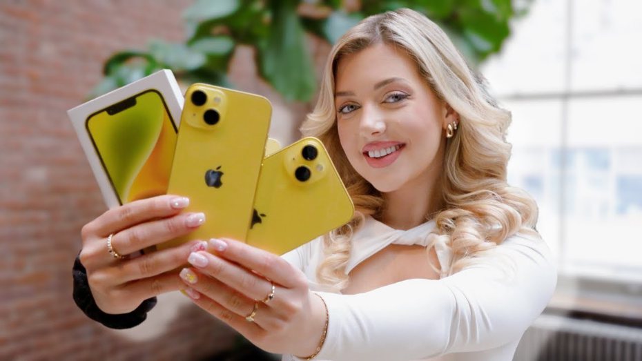蘋果官網iPhone 14的「黃色」，顏色似乎比實機還深，引起網友評價兩極。（翻攝蘋果官網）