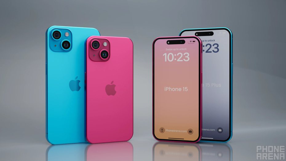 外媒《Phonearena》與3D藝術家合作，推出iPhone 15系列全顏色渲染圖。平價版的iPhone 15、iPhone 15 Plus這次將推出5種顏色。（翻攝自《Phonearena》）