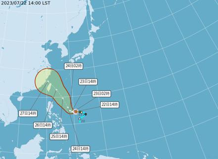 杜蘇芮颱風今天下午2點中心位置在北緯14.4度，東經130.8度，以每小時16公里速度向西進行。圖／氣象局提供