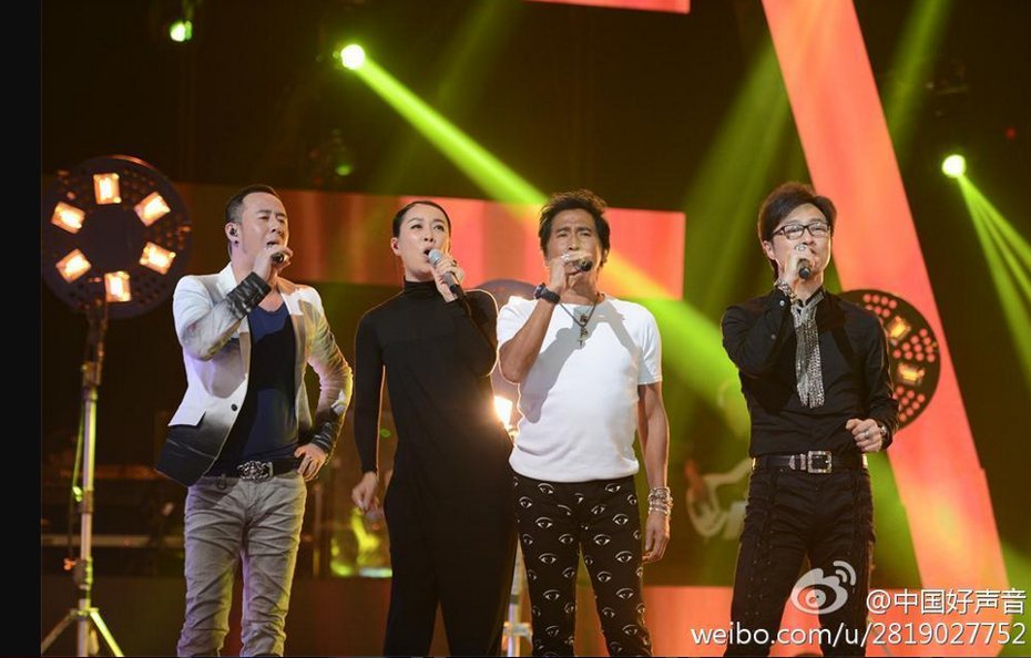 汪峰(右起)、齊秦、那英、楊坤是「中國好聲音3」導師。 圖／摘自微博