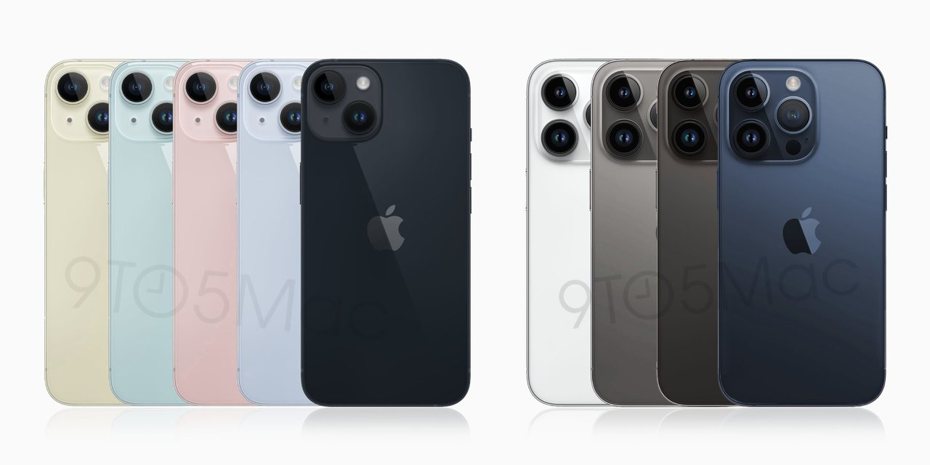 9to5mac日前曝光iPhone 15系列新色渲染圖，平價版iPhone 15、iPhone 15 Plus以淡色系為出發點、旗艦版iPhone 15 Pro系列則偏向有質感顏色，但評價「史上顏色最無聊的iPhone」。（翻攝自9to5mac）