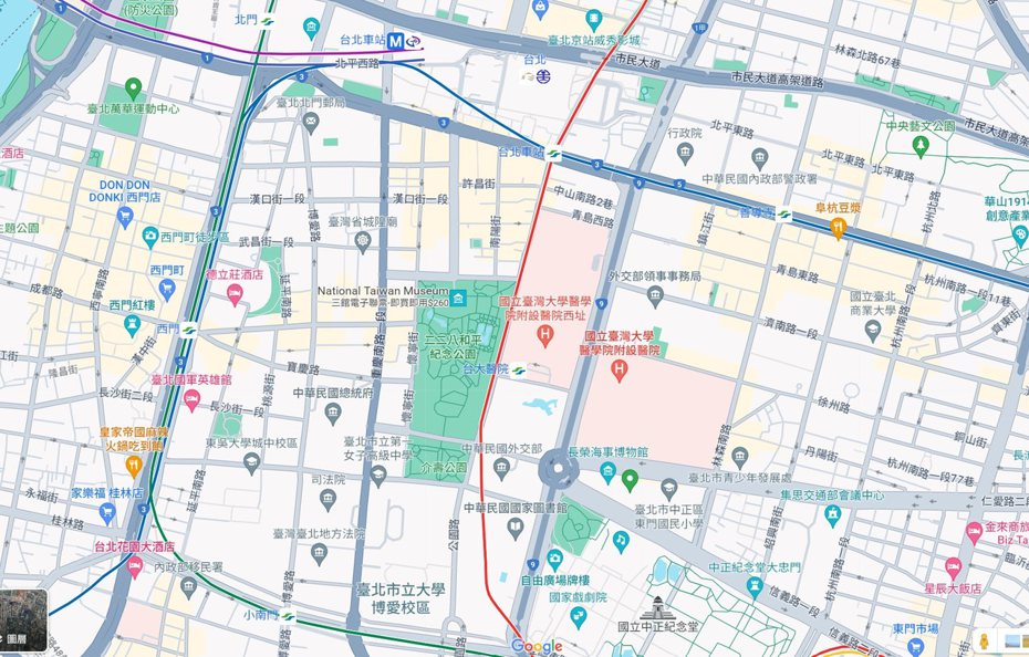 有人發現，Google Map的地圖道路顏色變藍色了，上網發文求解。擷自Google Map電腦版畫面