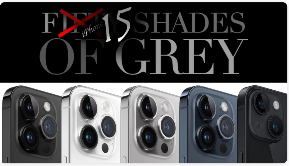 針對即將被發表的iPhone 15系列可能幾乎以灰色系推出，外媒將此以電影「格雷的五十道陰影」形容，認為蘋果手機是都看不到顏色了嗎？圖擷自《PHONE ARENA》