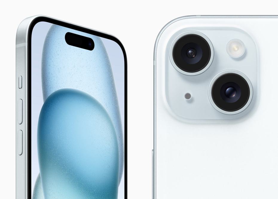 iPhone 15和iPhone 15 Plus全面換上動態島，提供黑色、藍色、綠色、黃色、粉紅色等5色。